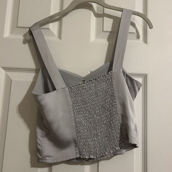 Good American Tank Top Silver Blue Double Bar Satin Cut Out Crop Smocked Medium - Picture 9 of 10